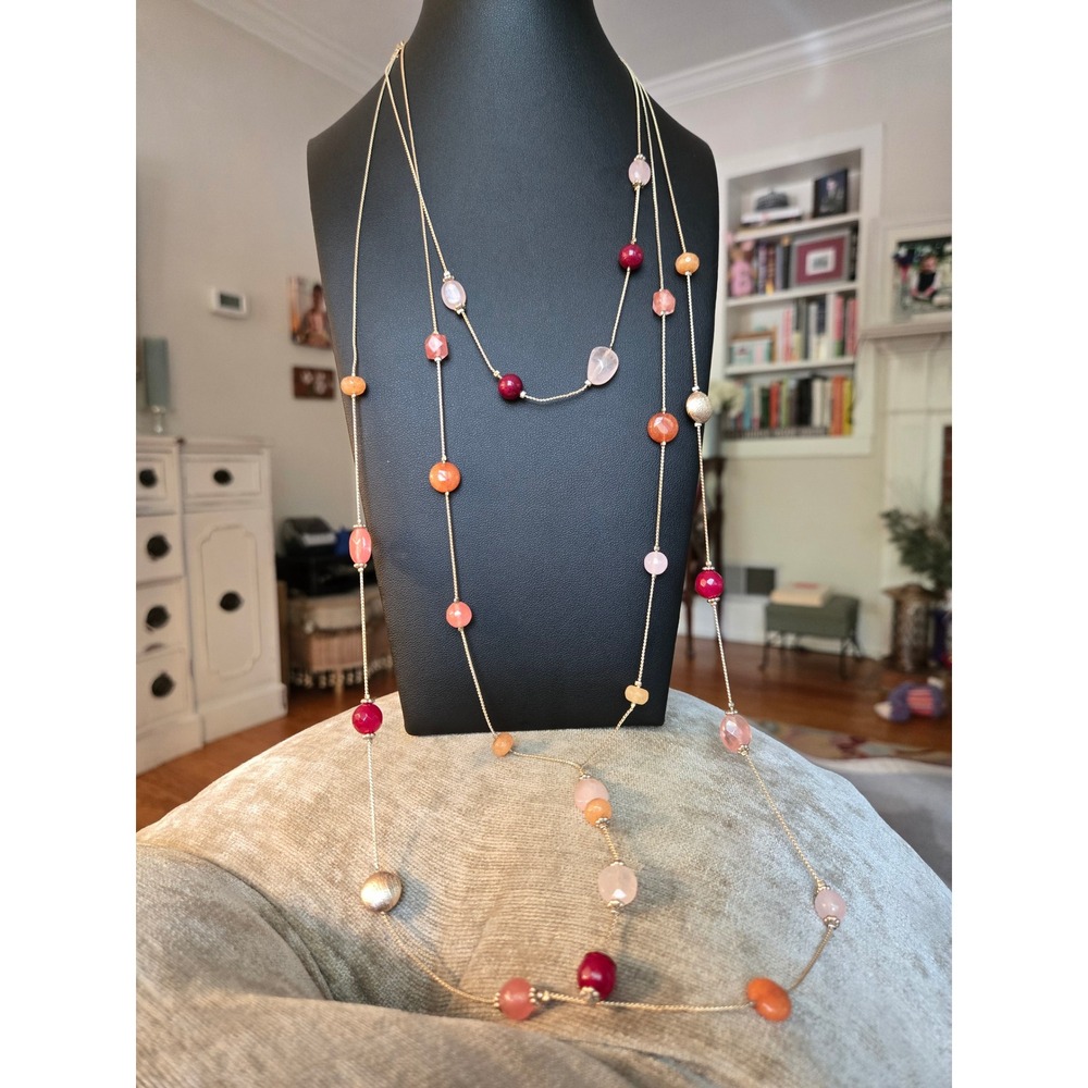 Chico's Goldtone Long Station Necklace Pink Coral Orange Vintage
